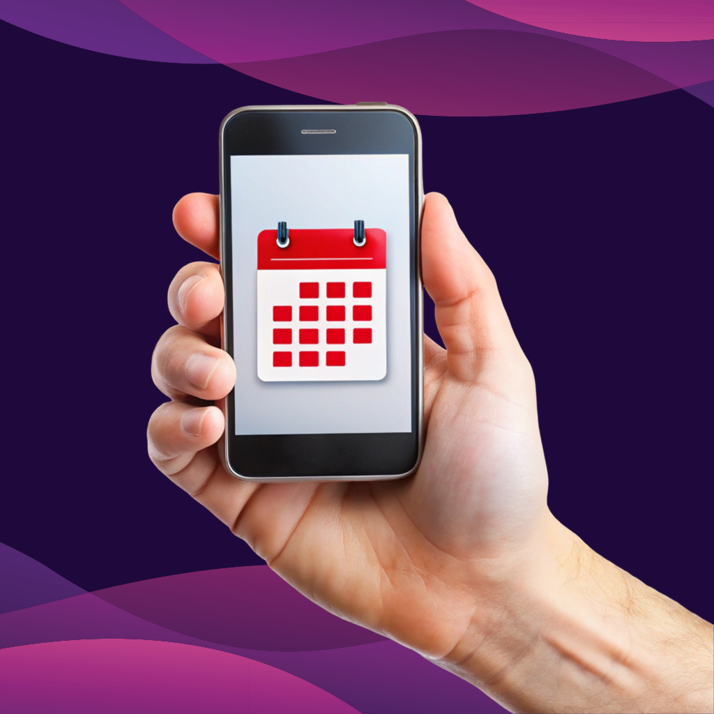 Hand holding a mobile device with a calendar on a wavy background