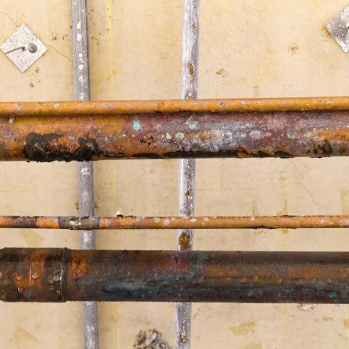 Corroded copper pipes against a wall